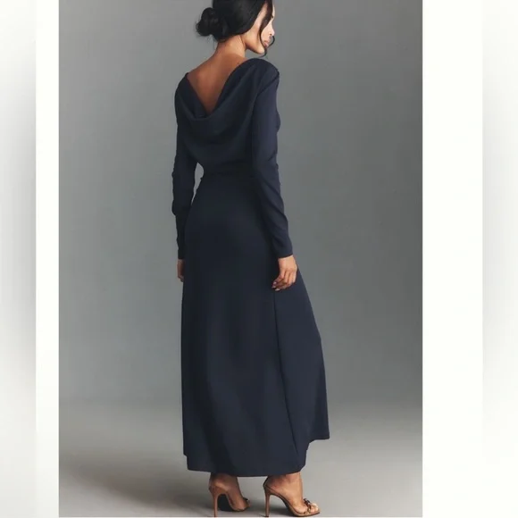 Nwt anthro Elegant long sleeve cowl back navy maxi Dress - Picture 2 of 5